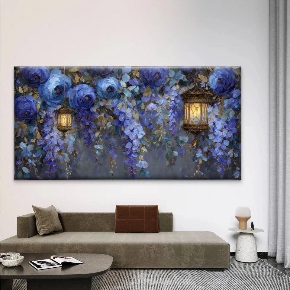 Blue Wisteria Flower Lantern Wall Art Canvas Office Home Room Framed 120x60cm