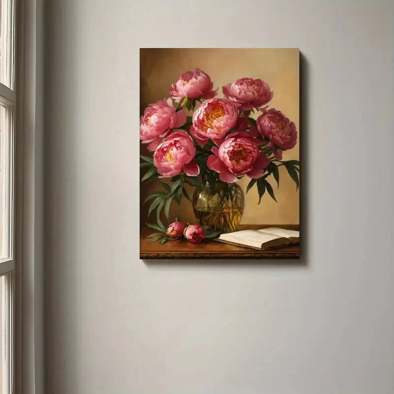Beautiful Vibrant Pink Peonies Green Leaves Painting 40x60cm Metal Print Ready to Hang