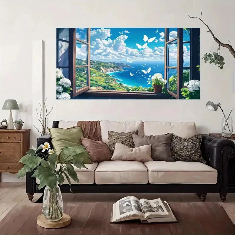 Ocean View Butterflies Blue Sky Wall Art Canvas Office Home Room Framed 120x60cm