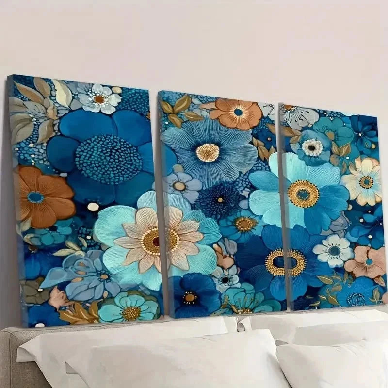3pcs Abstract Floral Flowers In Shades Of Blue Wall Art Set Canvas Framed 50x70cm - High Quality Print 100% Australian Made Wall Canvas Ready to Hang - Bella Home Decor