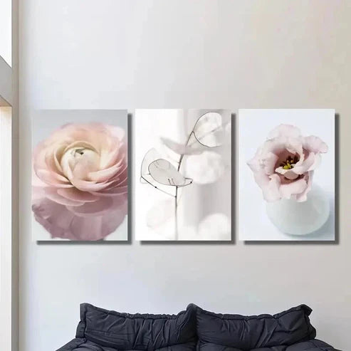 3pcs Pink Tudan Roses and Silver Fan Leaves Wall Art Set Canvas Unframed - High Quality Print 100% Australian Made Wall Canvas