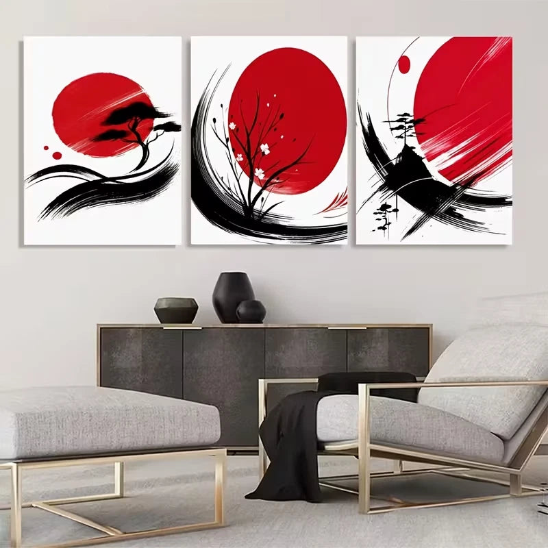 3pcs Three Sets of Japanese Ink Painting Red Wall Art Set Canvas Framed 50x70cm - High Quality Print 100% Australian Made Wall Canvas Ready to Hang - Bella Home Decor