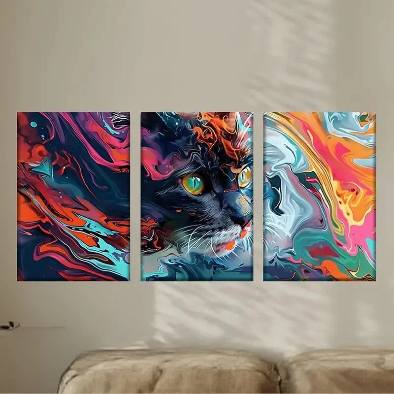 3pcs Feline Paintings with Blue Eyes & Red Wall Art Set Canvas Framed 60x90cm - High Quality Print 100% Australian Made Wall Canvas Ready to Hang - Bella Home Decor