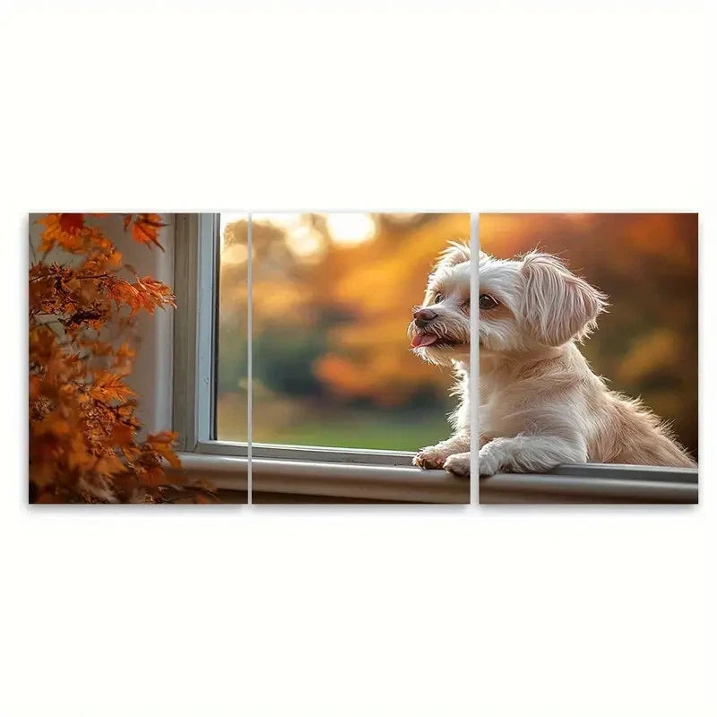 3pcs Cute White Dog Licking Window d Wall Art Set Canvas Framed 60x90cm - High Quality Print 100% Australian Made Wall Canvas Ready to Hang - Bella Home Decor