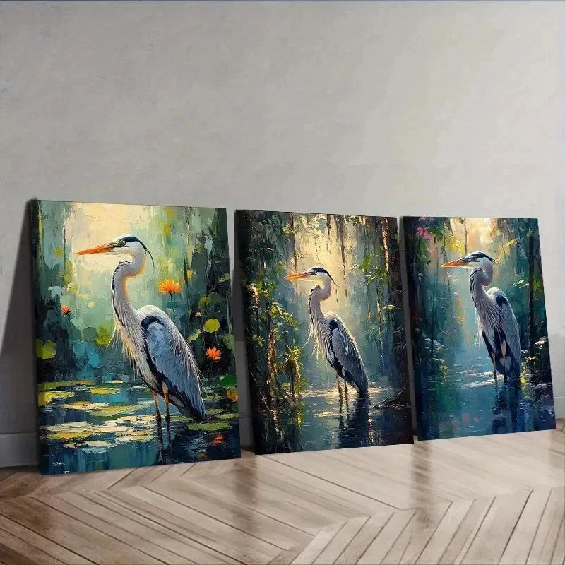 3pcs Crane and Lotus Flower Design Wall Art Set Canvas Framed 40x60cm - High Quality Print 100% Australian Made Wall Canvas Ready to Hang