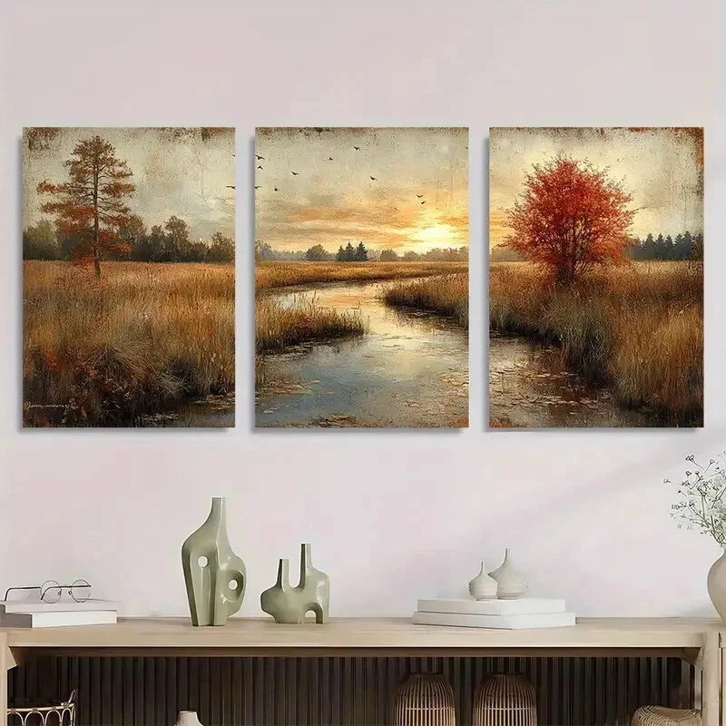 3pcs Impressionist Countryside Golds Nature Wall Art Set Canvas Framed 50x70cm - High Quality Print 100% Australian Made Wall Canvas Ready to Hang - Bella Home Decor