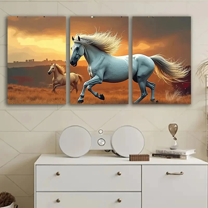 3pcs White Horses Running In The Wild Wall Art Set Canvas Framed 50x70cm - High Quality Print 100% Australian Made Wall Canvas Ready to Hang