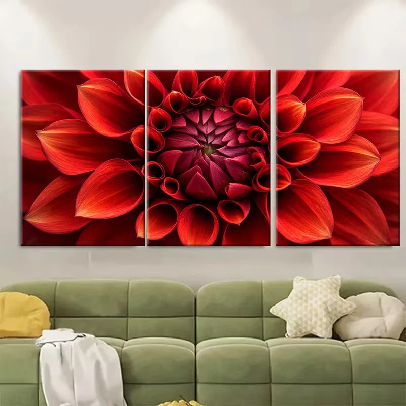 3pcs Striking Macro Photograph of Scarlet Dahlia Metal Print Ready to Hang Art