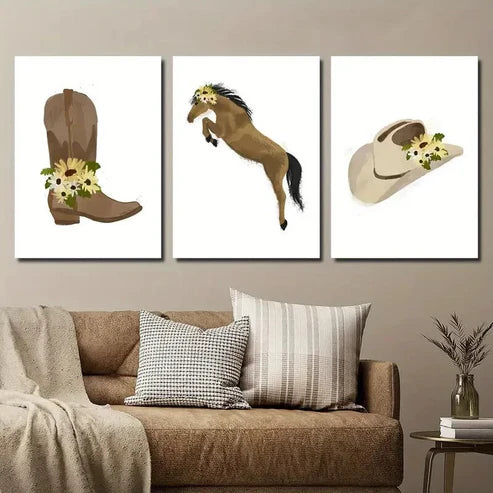 3pcs Boots Hat & Jump Horse with Yellow Flower Wall Art Set Canvas Unframed - High Quality Print 100% Australian Made Wall Canvas - Bella Home Decor