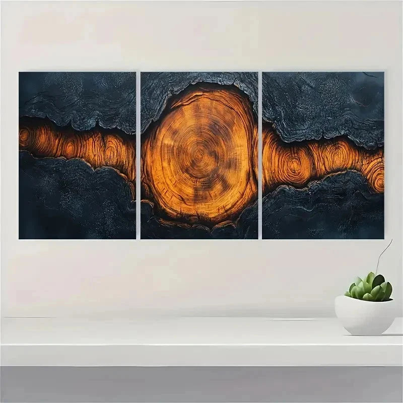 3pcs Black Tan Wood Tree Ring Abstract A Wall Art Set Canvas Framed 60x90cm - High Quality Print 100% Australian Made Wall Canvas Ready to Hang - Bella Home Decor