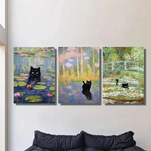 3pcs Depicting Water Lilies And a Black Cat Wall Art Canvas Unframed – High Quality Print 100% Australian Made Wall Canvas - Bella Home Decor