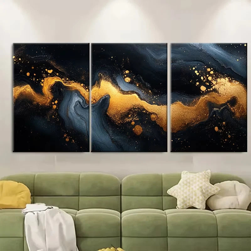 3pcs Golden Black White Marble Effect Metal Print Ready to Hang Art