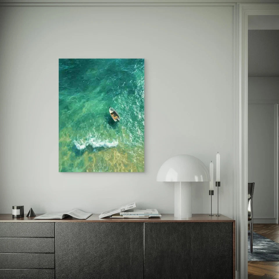Aerial View of a Motorboat In Sea 40x60cm Metal Print Ready to Hang
