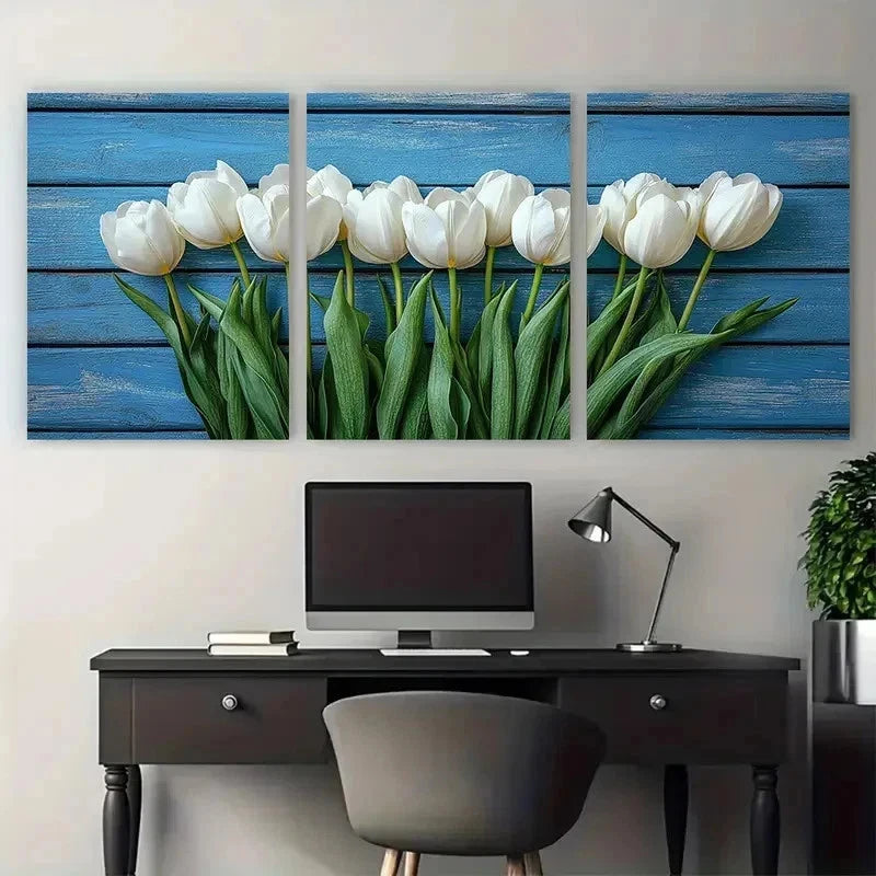 3pcs Elegant White Tulip Flo Perfect Wall Art Set Canvas Framed 50x70cm - High Quality Print 100% Australian Made Wall Canvas Ready to Hang