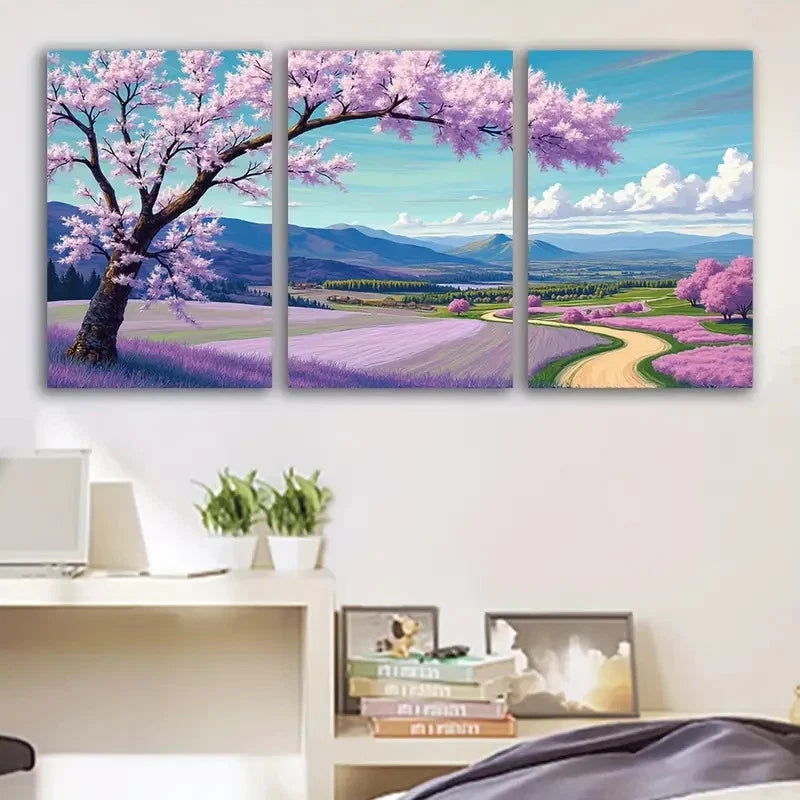 3pcs Road Through Purple Cherry Blossoms Wall Art Set Canvas Framed 40x60cm - High Quality Print 100% Australian Made Wall Canvas Ready to Hang