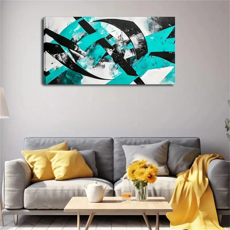 Modern Minimalist Teal Black Wall Art Canvas Office Home Room Framed 120x60cm