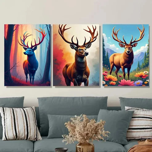 3pcs Colorful Deer Forest Wildlife & Floral Wall Art Set Canvas Unframed - High Quality Print 100% Australian Made Wall Canvas - Bella Home Decor