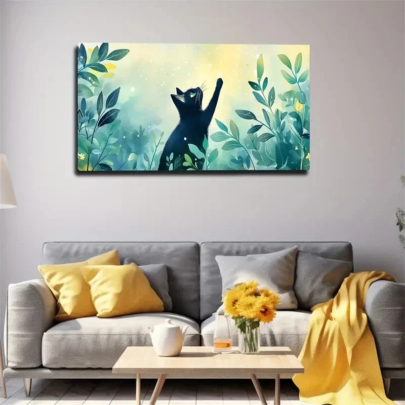 Watercolor Black Cat in Green Wall Art canvas office home room framed 120x60cm - Bella Home Decor