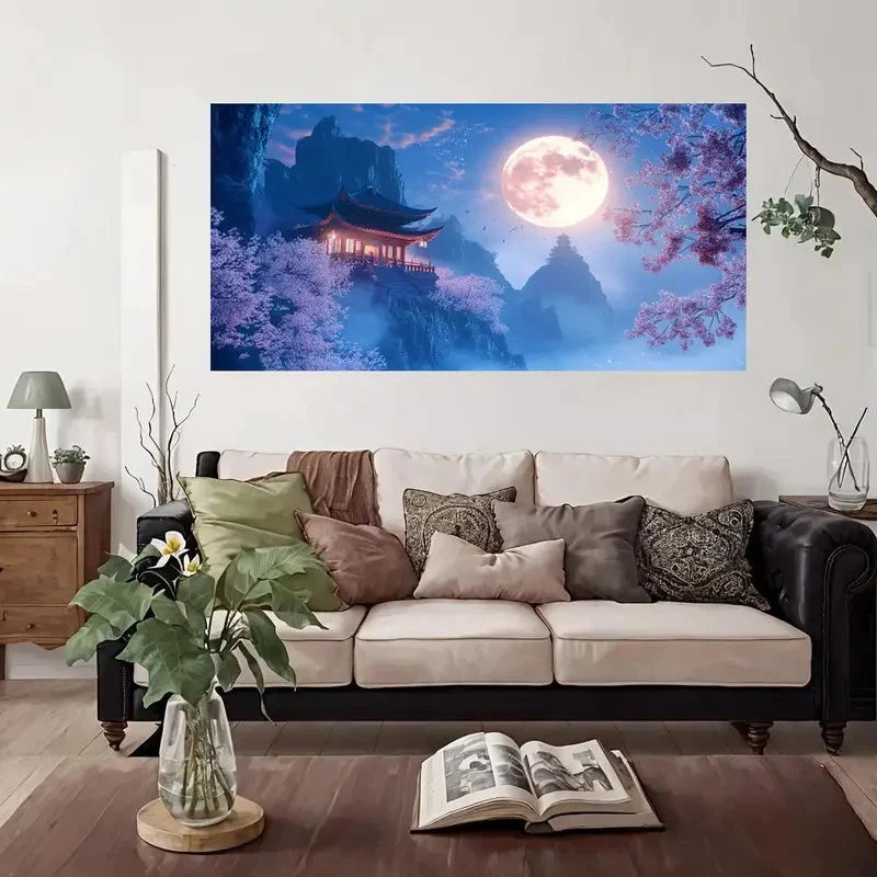 Moon Over Traditional Asian Wall Art Canvas Office Home Room Framed 120x60cm