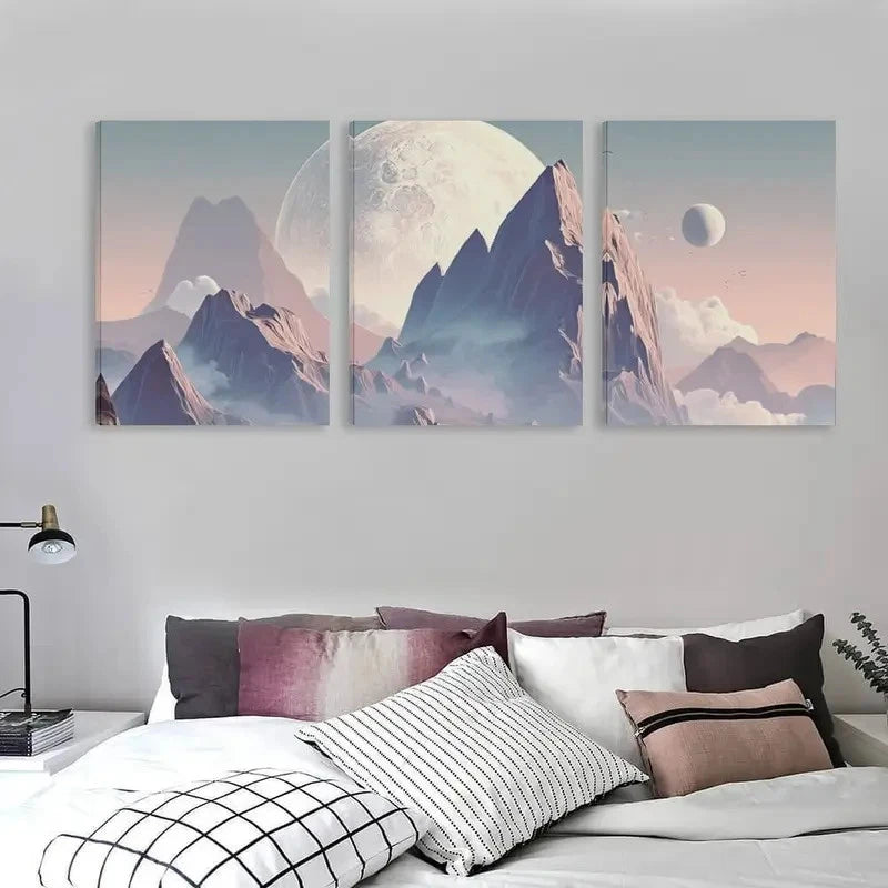 3pcs Everest Mountain Under A Giant Moon Wall Art Set Canvas Framed 50x70cm - High Quality Print 100% Australian Made Wall Canvas Ready to Hang