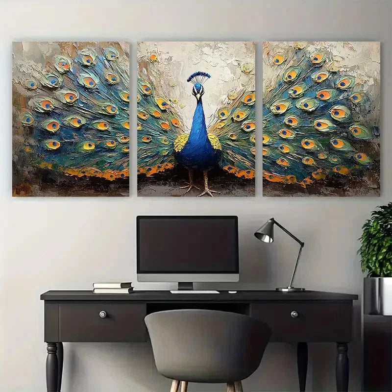 3pcs Peacock Animals Impasto Textured Perfect Wall Art Set Canvas Framed 60x90cm - High Quality Print 100% Australian Made Wall Canvas Ready to Hang