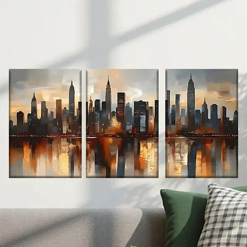 3pcs Painting of a City Skyline with Buildings Wall Art Canvas Unframed - High Quality Print 100% Australian Made Wall Canvas