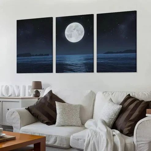 3pcs Full Moon on a Dark Night with Stars Canvas Unframed - High Quality Print 100% Australian Made Wall Canvas - Bella Home Decor