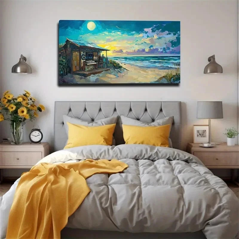 Seaside House Sunset Décor Wall Art Canvas Office Home Room Framed 120x60cm