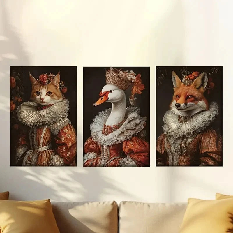 3pcs Featuring Cats Geese & Foxes Ornate attires Wall Art Set Canvas Framed 50x70cm - High Quality Print 100% Australian Made Wall Canvas Ready to Hang