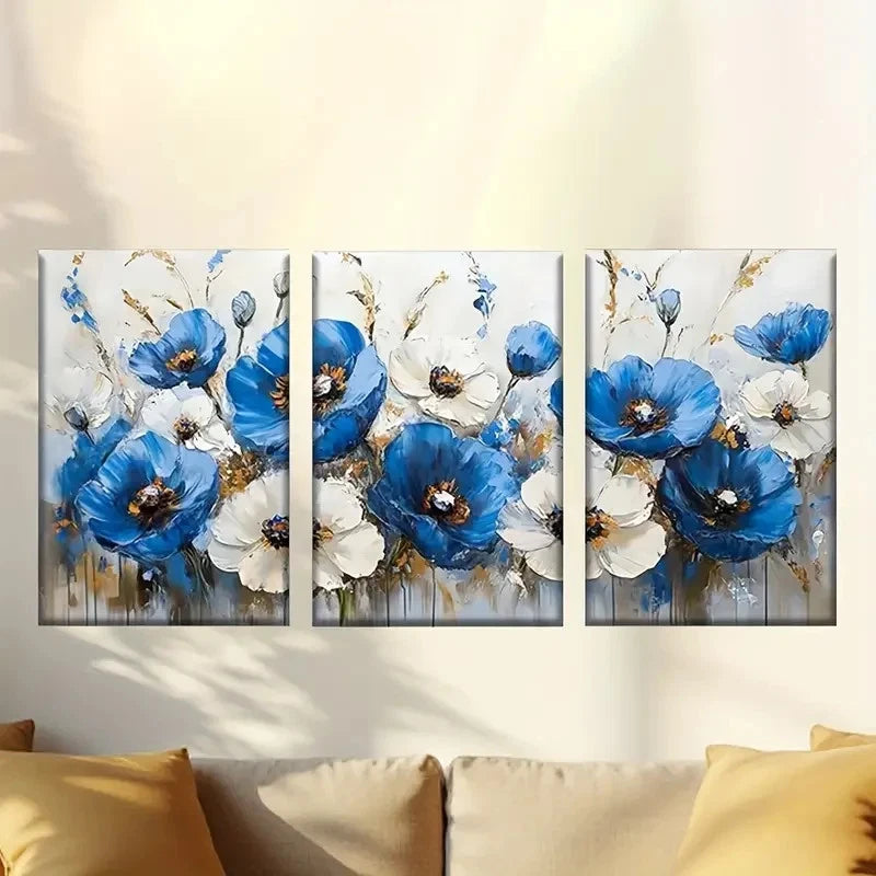 3pcs a painting of blue flowers on a white Wall Art Set Canvas Framed 50x70cm - High Quality Print 100% Australian Made Wall Canvas Ready to Hang - Bella Home Decor