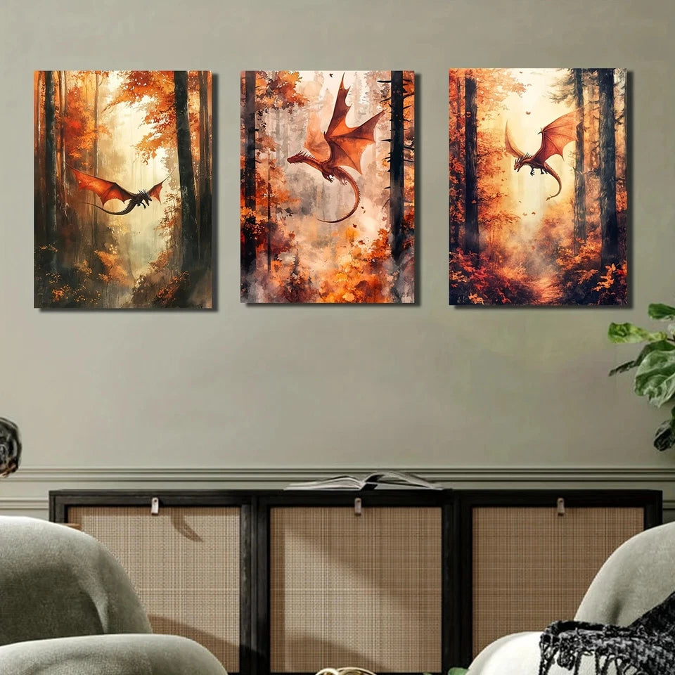 3pcs Autumn Forest Dragon Watercolor Metal Print Ready to Hang Art
