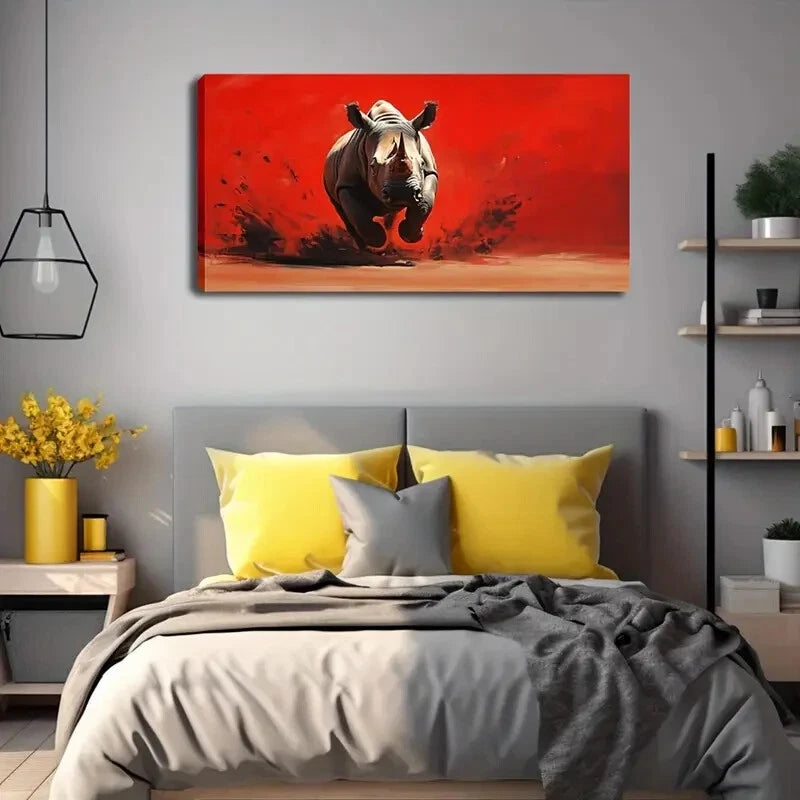 Dynamic Rhinoceros Running Wall Art Canvas Office Home Room Framed 120x60cm - Bella Home Decor