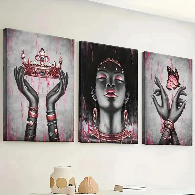3pcs Pink Rose Golden Black Girl Décor Perfect Wall Art Set Canvas Framed 50x70cm - High Quality Print 100% Australian Made Wall Canvas Ready to Hang - Bella Home Decor