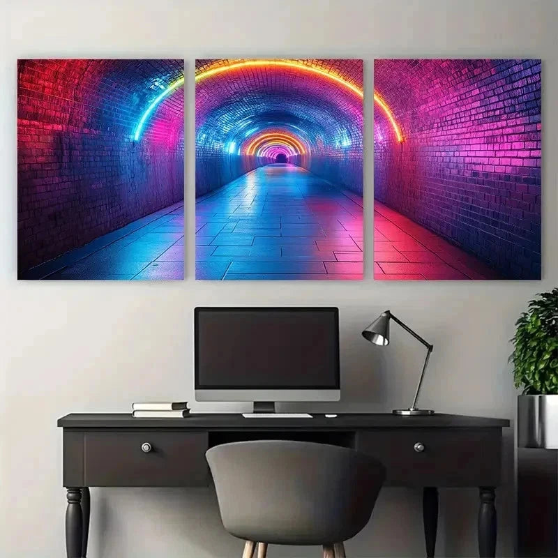 3pcs Rainbow Lights Abstract Street Perfect Wall Art Set Canvas Framed 60x90cm - High Quality Print 100% Australian Made Wall Canvas Ready to Hang - Bella Home Decor