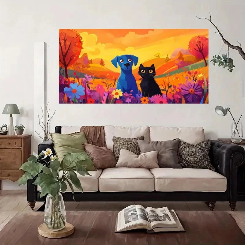 Autumnal Field Dog & Cat Wall Art Canvas Office Home Room Framed 120x60cm