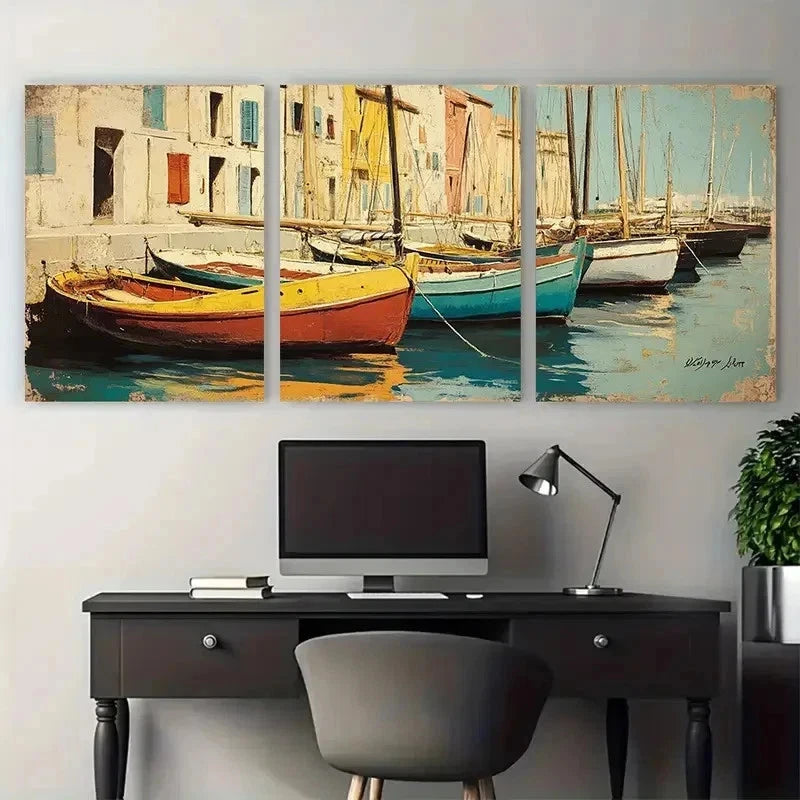 3pcs Vintage Marseille France Poster Perfect Wall Art Set Canvas Framed 50x70cm - High Quality Print 100% Australian Made Wall Canvas Ready to Hang
