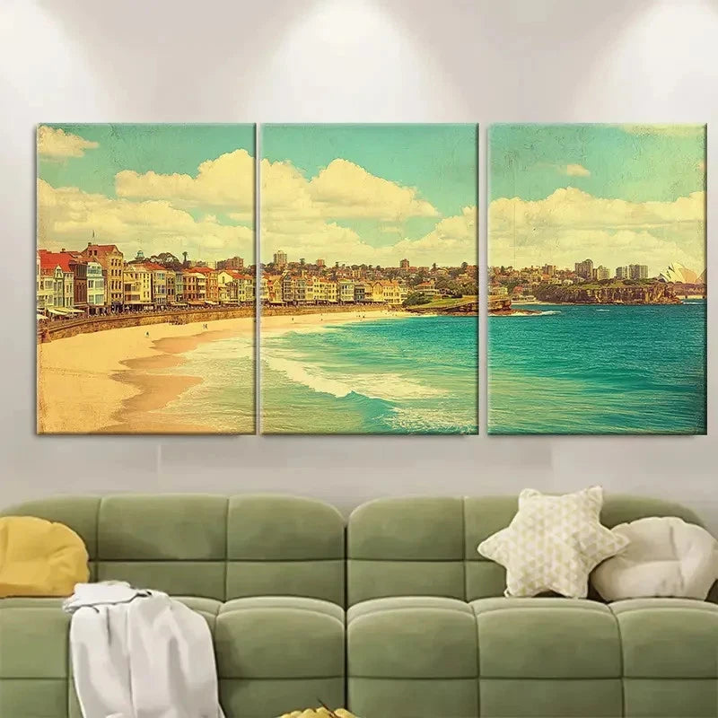 3pcs Vintage Sydney Ocean Poster Australia Wall Art Set Canvas Framed 40x60cm - High Quality Print 100% Australian Made Wall Canvas Ready to Hang
