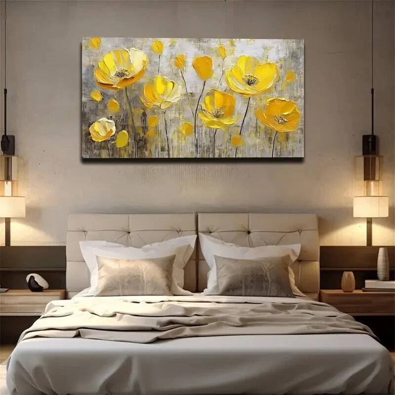 Yellow Flowers Gray Background Wall Art Canvas Office Home Room Framed 120x60cm - Bella Home Decor