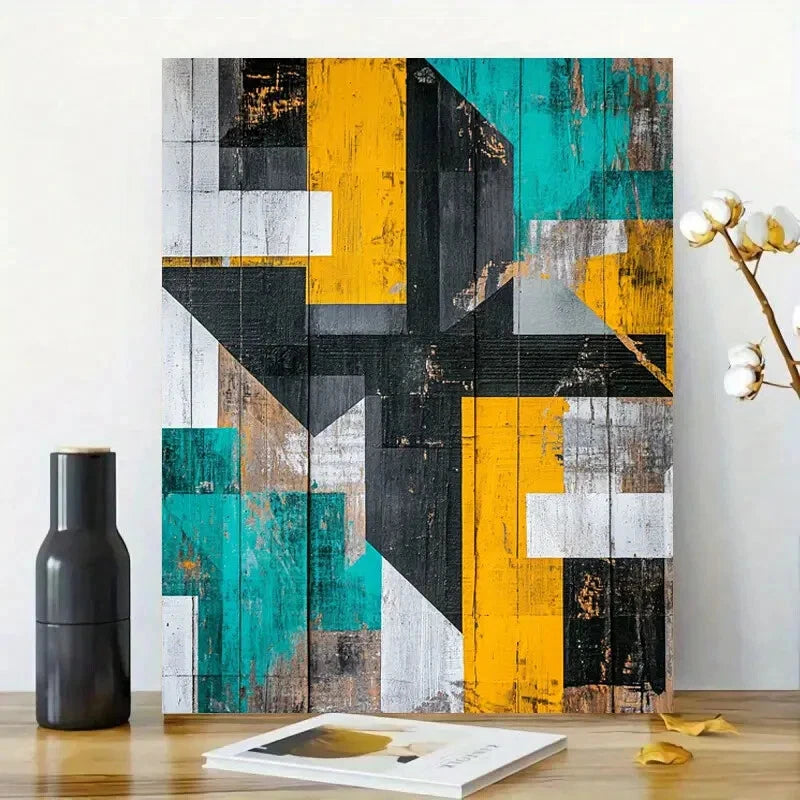 Abstract Geometric Teal, Yellow & Black Color Palette 40x60cm Metal Print Ready to Hang
