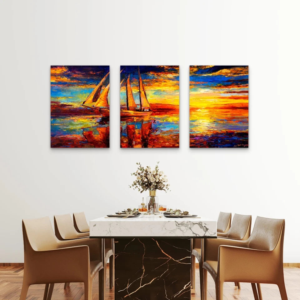 3pcs Golden Sunset Sailboats at Sea Wall Art Set Canvas Framed 60x90cm - High Quality Print 100% Australian Made Wall Canvas Ready to Hang - Bella Home Decor