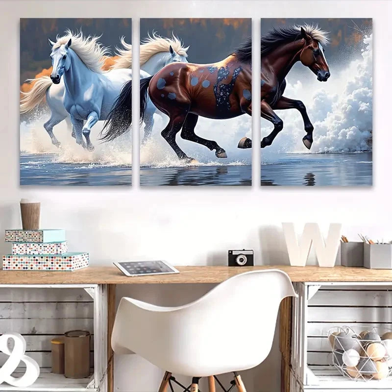 3pcs Galloping Horses Scene Wall Art Set Canvas Framed 40x60cm - High Quality Print 100% Australian Made Wall Canvas Ready to Hang
