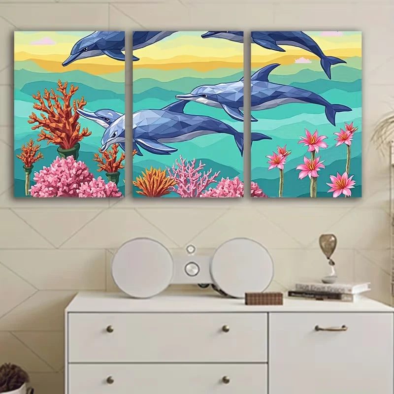 3pcs Joyful Blue Dive Dolphins Wall Art Set Canvas Framed 40x60cm – High Quality Print 100% Australian Made Wall Canvas Ready to Hang