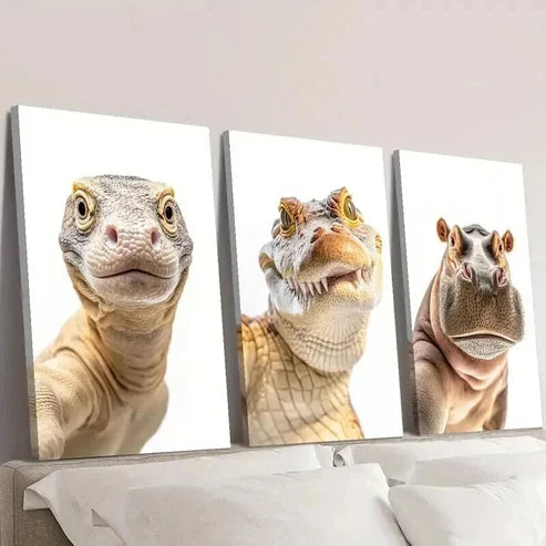 3pcs Giant Lizard Crocodile and Hippo Heads Wall Art Set Canvas Unframed - High Quality Print 100% Australian Made Wall Canvas