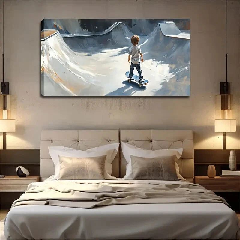 A Little Boy Is Skateboarding Wall Art Canvas Office Home Room Framed 120x60cm - Bella Home Decor