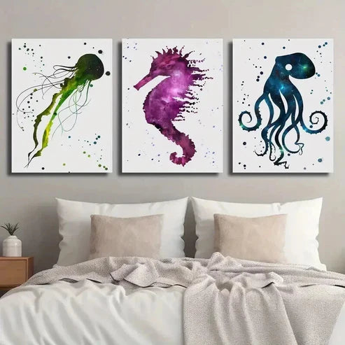 3pcs Colorful Starry Sky with Jellyfish Seahorse Wall Art Set Canvas Unframed - High Quality Print 100% Australian Made Wall Canvas - Bella Home Decor