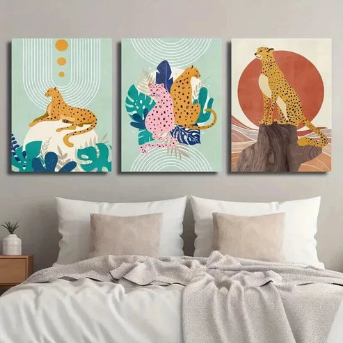 3pcs Abstract Cartoon Leopard And Plant Leaves Wall Art Canvas Unframed - High Quality Print 100% Australian Made Wall Canvas - Bella Home Decor