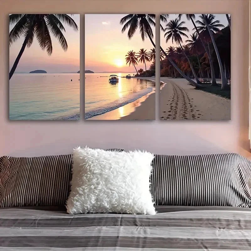 3pcs Sunset Palm Beach Wall Art Set Canvas Framed 50x70cm - High Quality Print 100% Australian Made Wall Canvas Ready to Hang