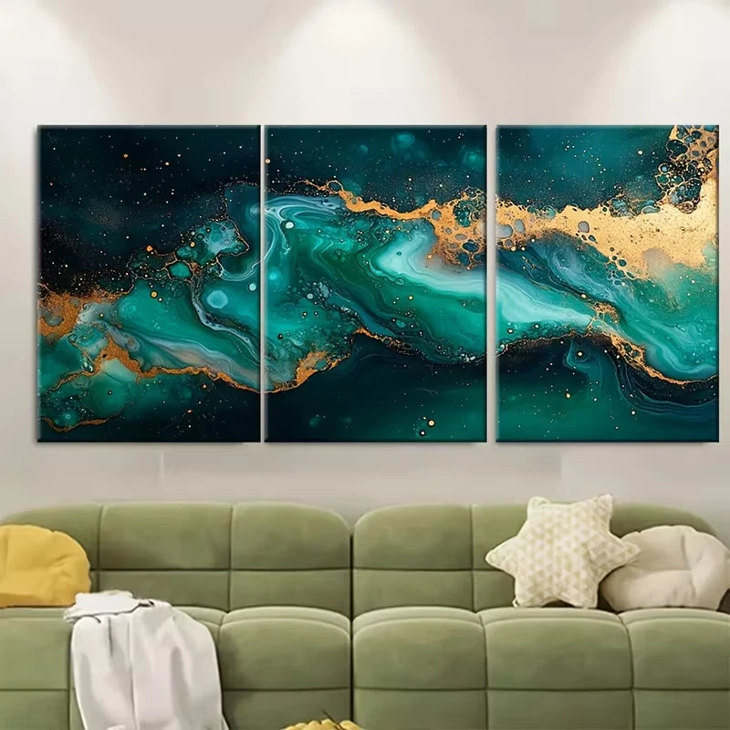 3pcs Seafoam Green and Golden Marbled Ink Painting Metal Print Ready to Hang Art