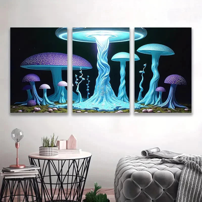 3pcs Forest with Glowing Blue Mushrooms ART Wall Art Set Canvas Framed 40x60cm - High Quality Print 100% Australian Made Wall Canvas Ready to Hang - Bella Home Decor
