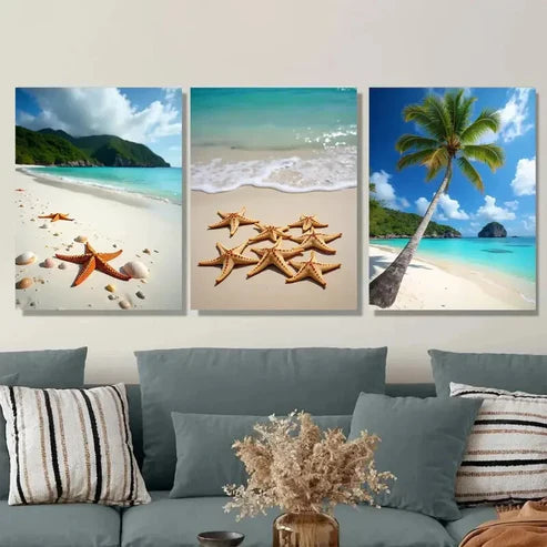 3pcs Beach Scene Paradise With Starfish Trees Wall Art Set Canvas Unframed - High Quality Print 100% Australian Made Wall Canvas - Bella Home Decor